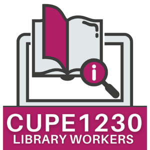 CUPE1230 logo, open book with a magnifying glass